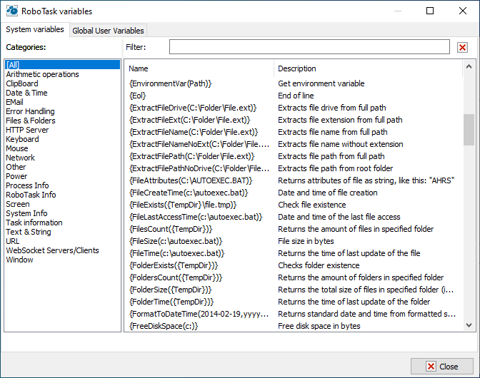 RoboTask - System variables RoboTask - System variables Screenshot